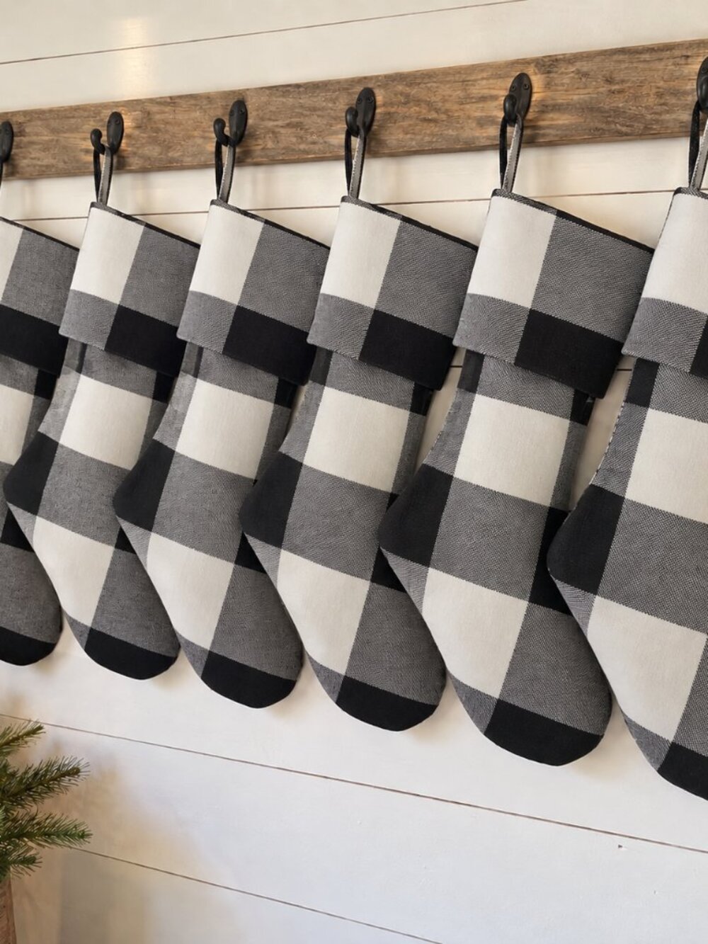 Set of 6 Black & White Buffalo Plaid Cotton Christmas Stocking
